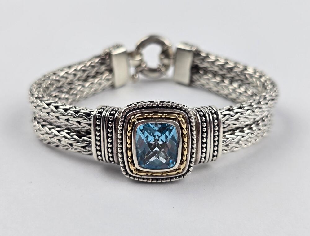 14k Gold & Sterling Silver Blue Topaz Heavy double Wheat Cable Bracelet 7.5"